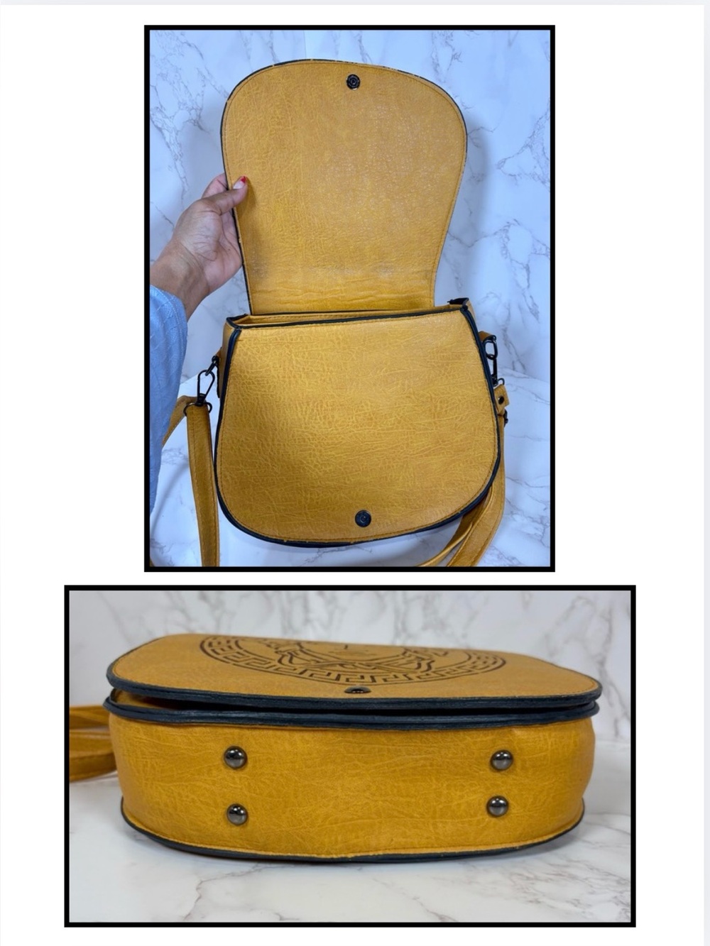 A-1CS-4D: PURSE: Gold/Mustard w/Black Detailing & Crossbody Strap, EUC - Picture 5 of 11